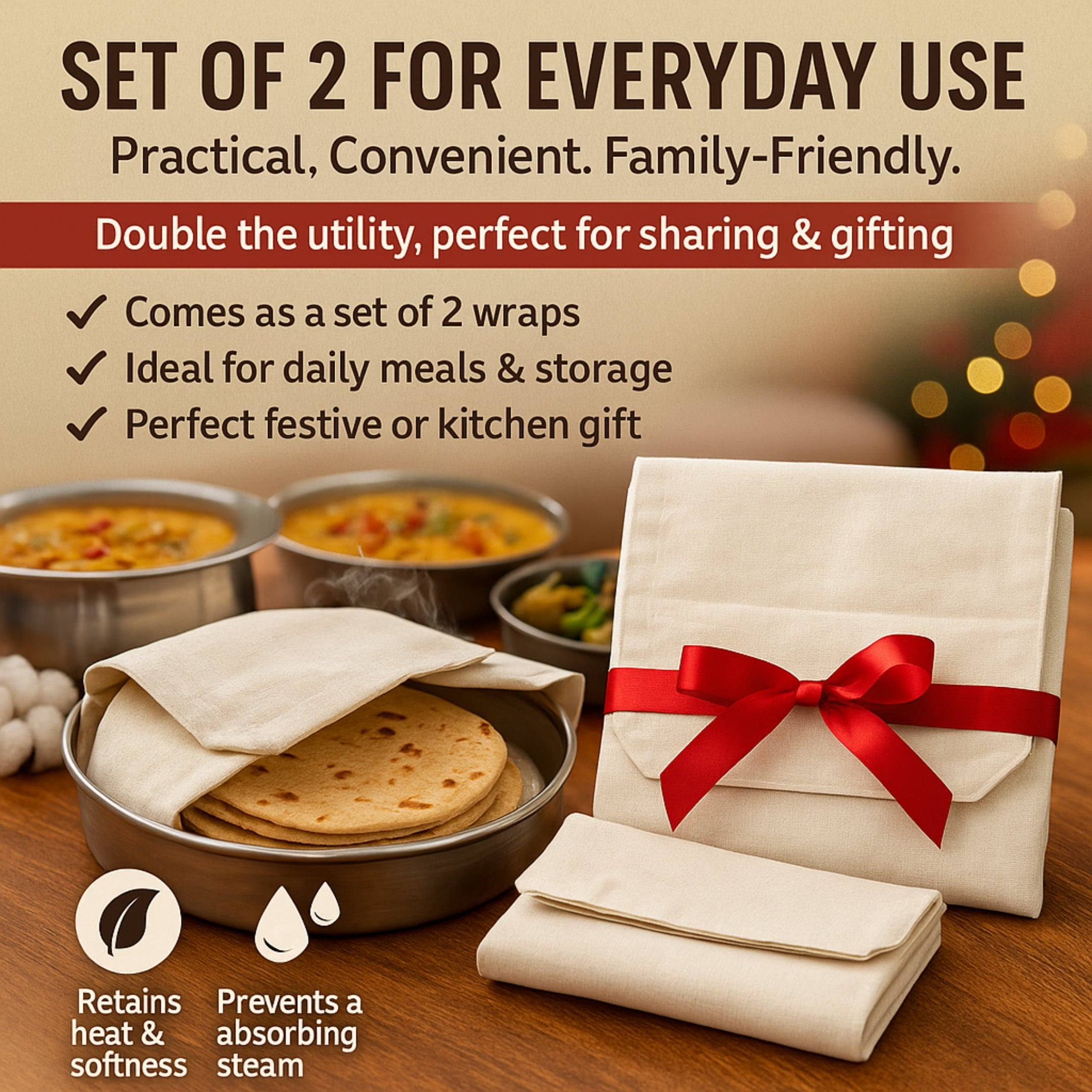 Unbleached Cotton Roti Wrap – Set of 2 | Eco-Friendly Reusable Roti Wrap for Warm & Fresh Rotis