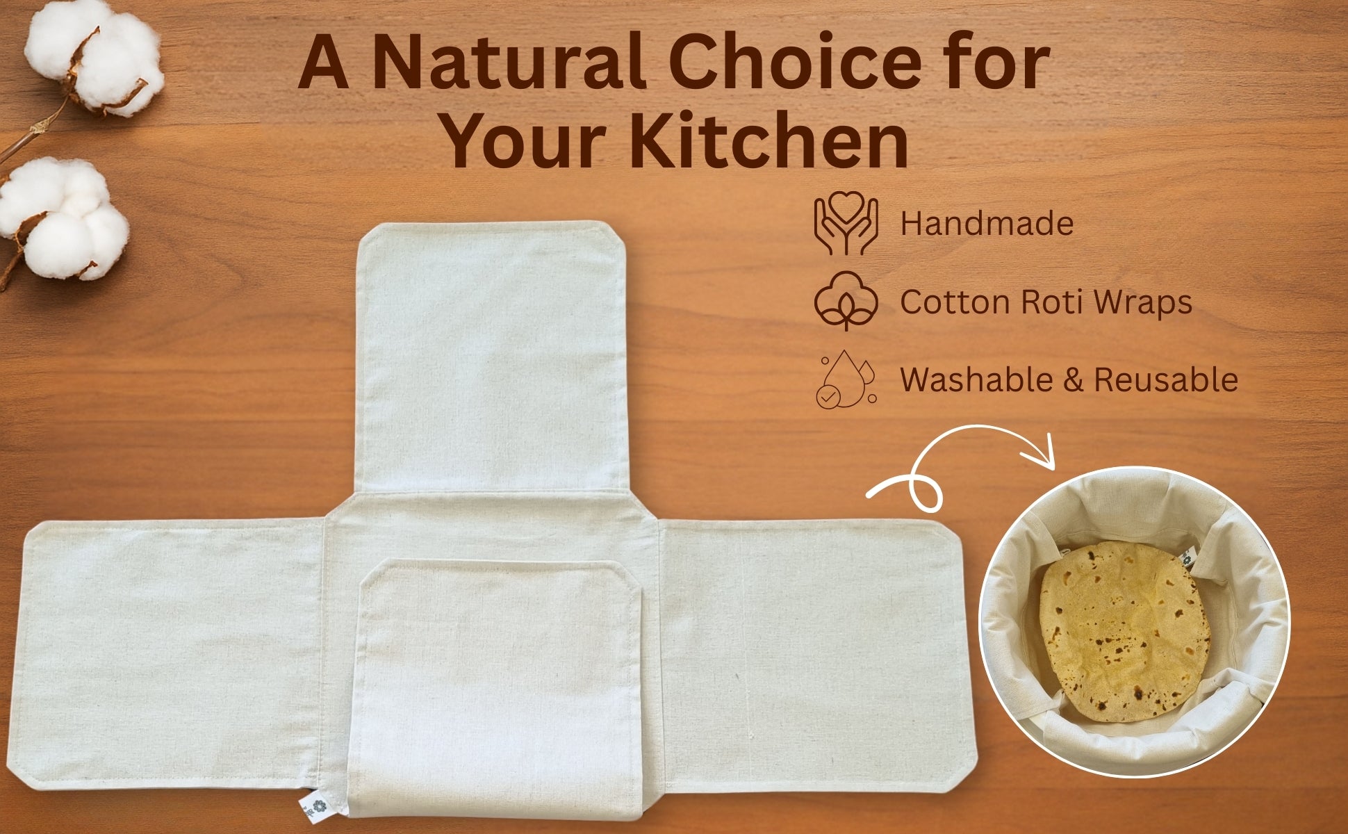 Unbleached Cotton Roti Wrap – Set of 2 | Eco-Friendly Reusable Roti Wrap for Warm & Fresh Rotis