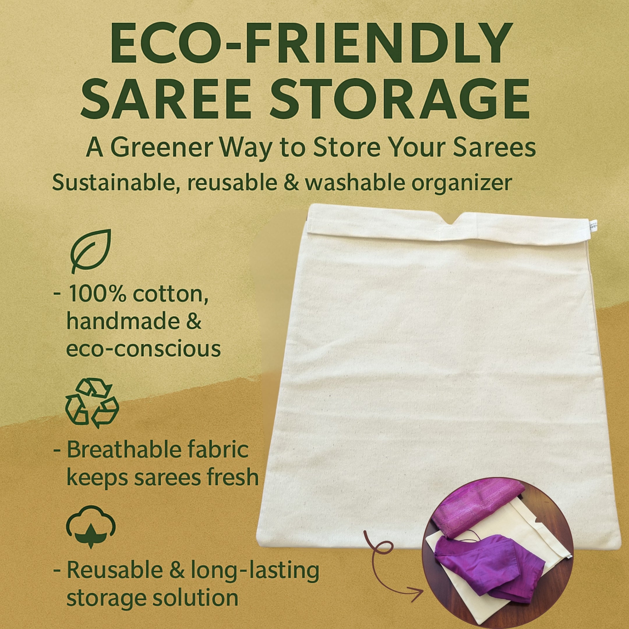 Saree Bag Cover Set of 3 – Dustproof, Unbleached Fabric with Blouse Compartment