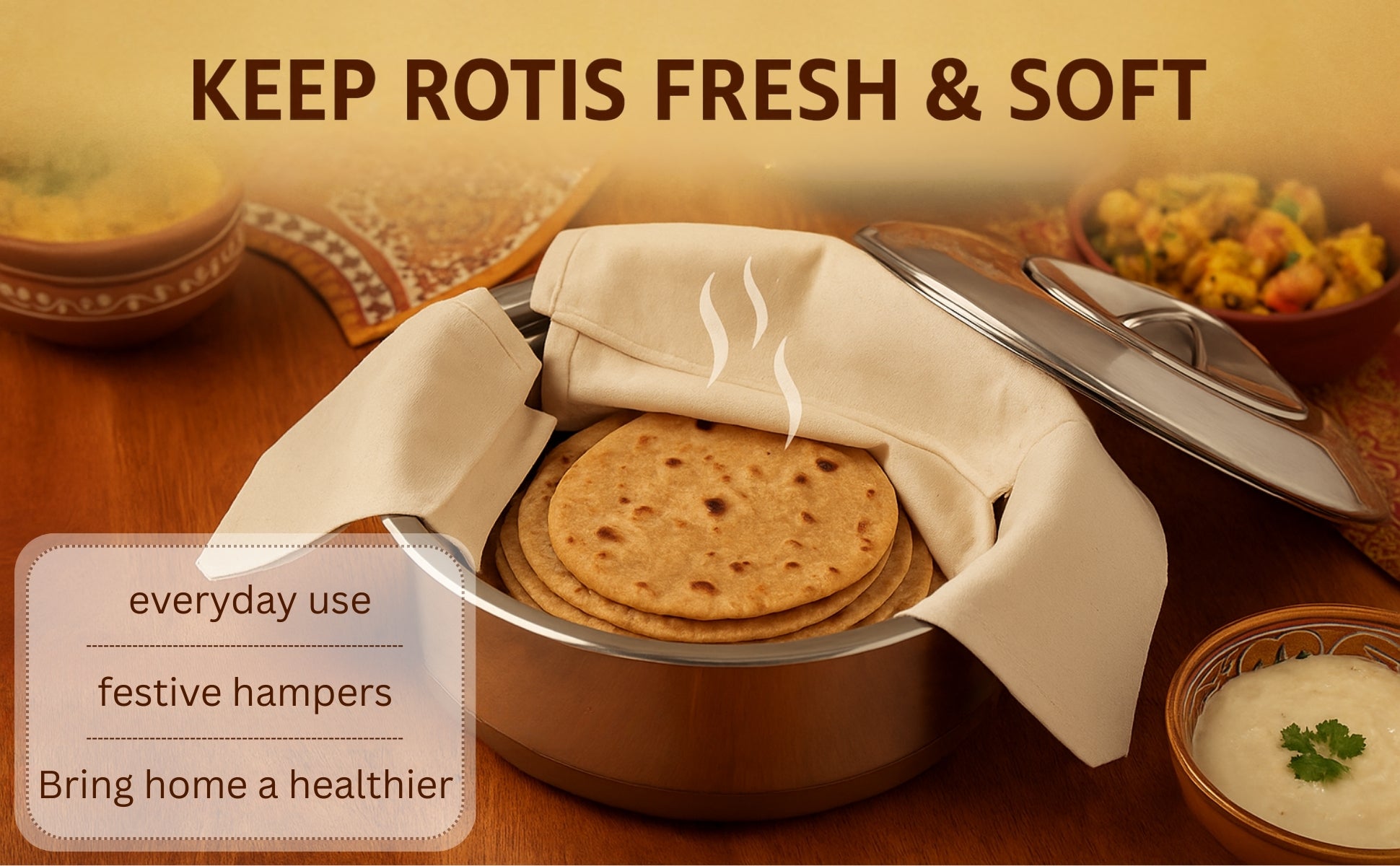 Unbleached Cotton Roti Wrap – Set of 2 | Eco-Friendly Reusable Roti Wrap for Warm & Fresh Rotis