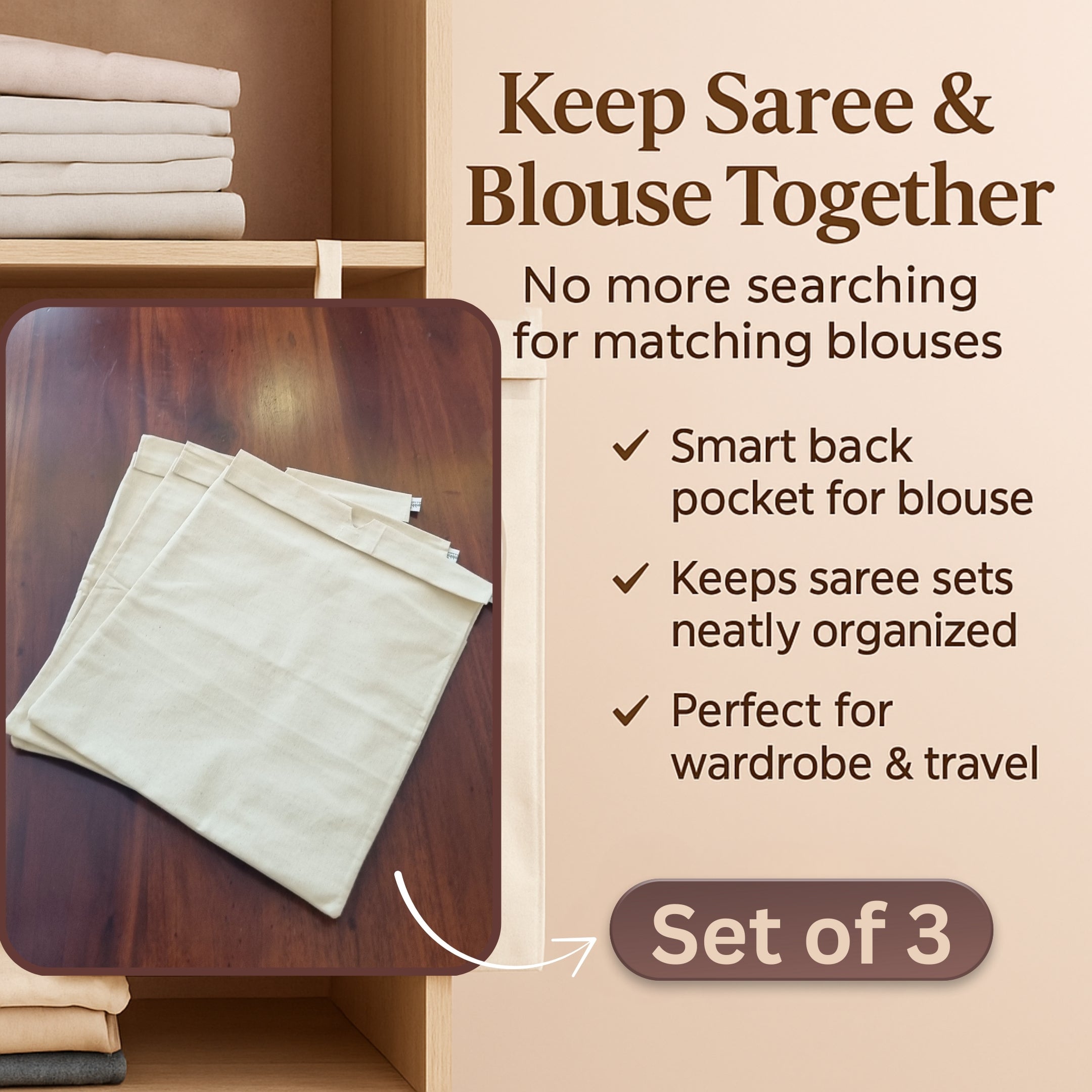 Saree Bag Cover Set of 3 – Dustproof, Unbleached Fabric with Blouse Compartment