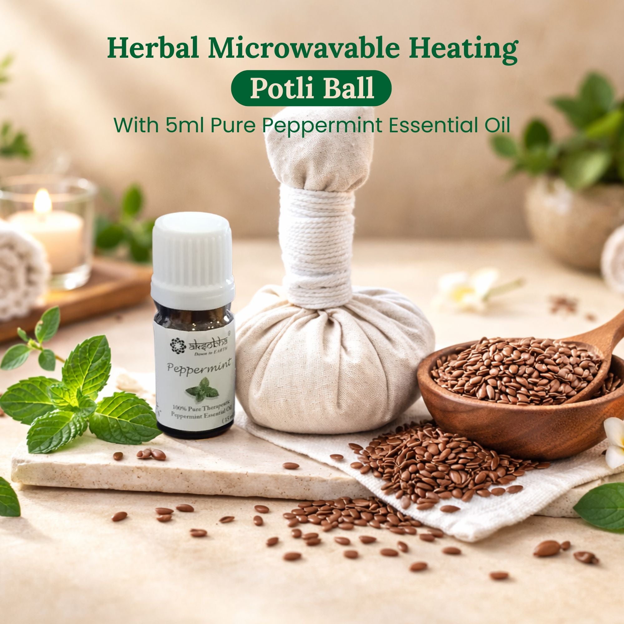 Aksobha Herbal Microwavable Heating Potli Ball with 5ml Pure Peppermint Essential Oil | Natural Pain Relief | Sinus, Congestion, Headache, Ear Pain, Eye Stress Relief | Reusable Hot Compress