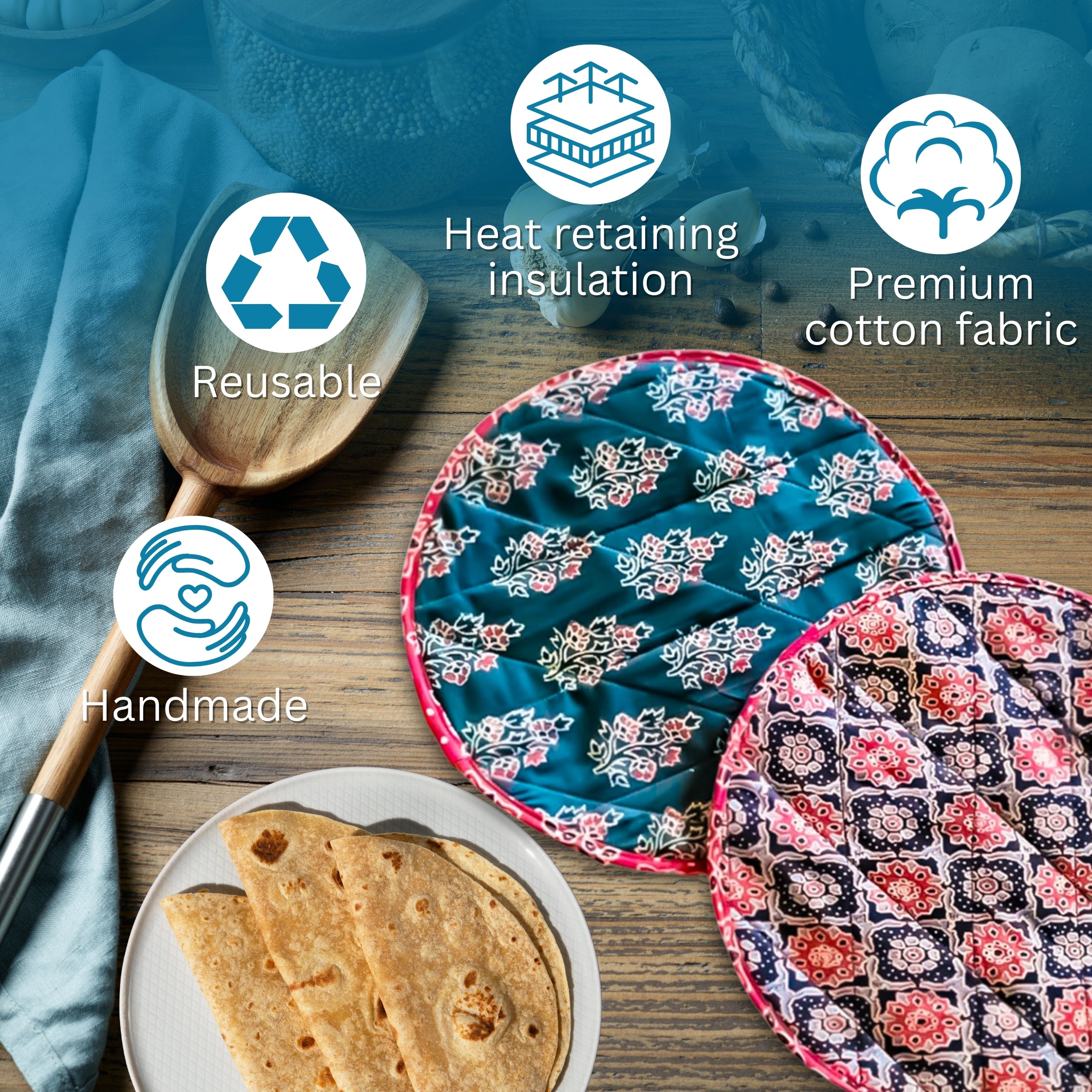 Microwaveable Roti & Tortilla Warmer – Cotton, Reusable, Eco-Friendly Pouch, Set of 2