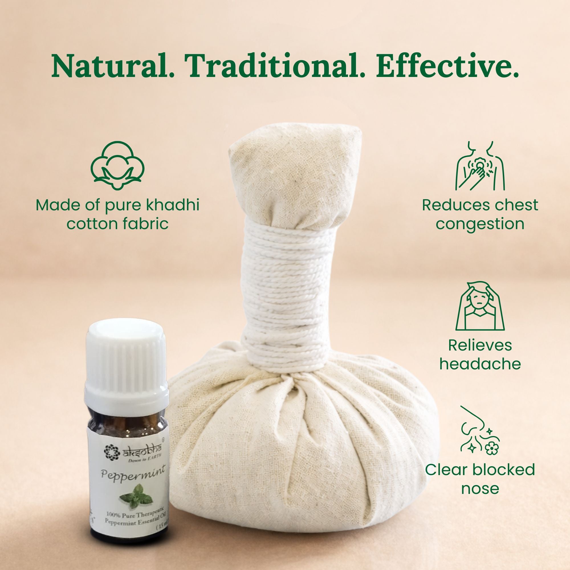 Aksobha Herbal Microwavable Heating Potli Ball with 5ml Pure Peppermint Essential Oil | Natural Pain Relief | Sinus, Congestion, Headache, Ear Pain, Eye Stress Relief | Reusable Hot Compress