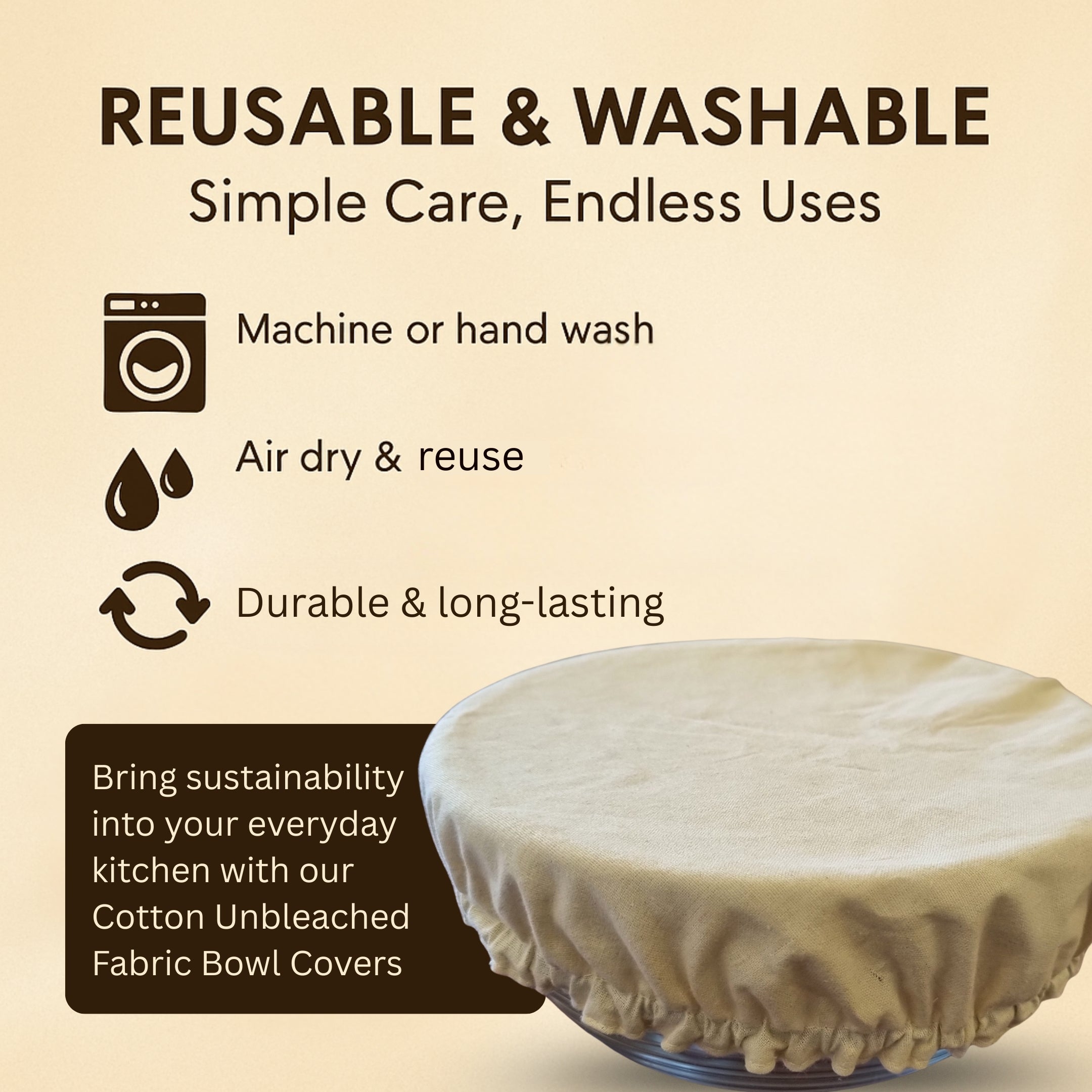Unbleached Cotton Bowl Covers – Reusable Fabric Lids for Plastic-Free, Eco-Friendly Food Storage, Set of 6