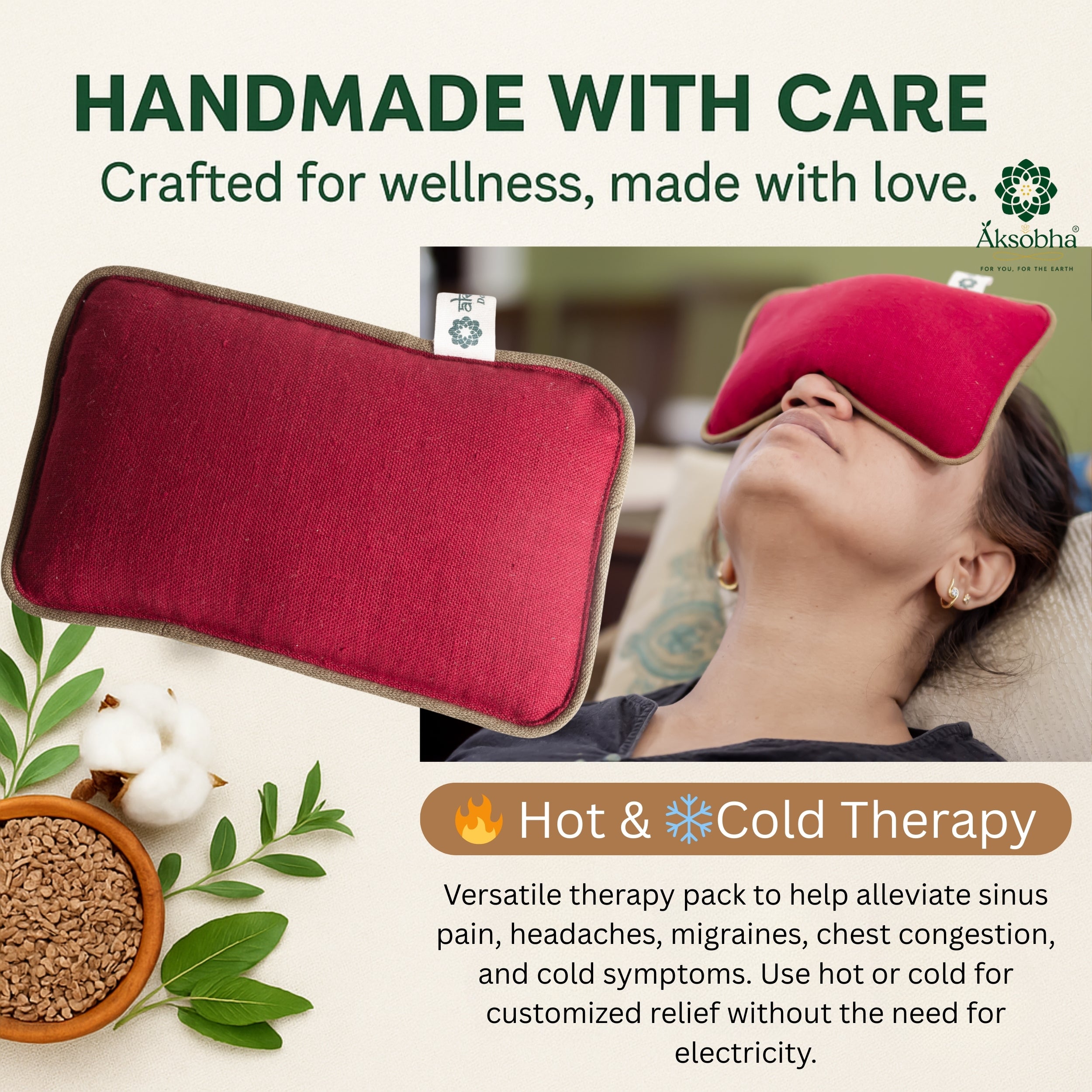 Aksobha Sinus Heating Pad – Hot & Cold Therapy for Sinus, Migraine & Cold Relief | Handmade with Seeds & 15ml Peppermint Oil | Eco-Friendly & Reusable