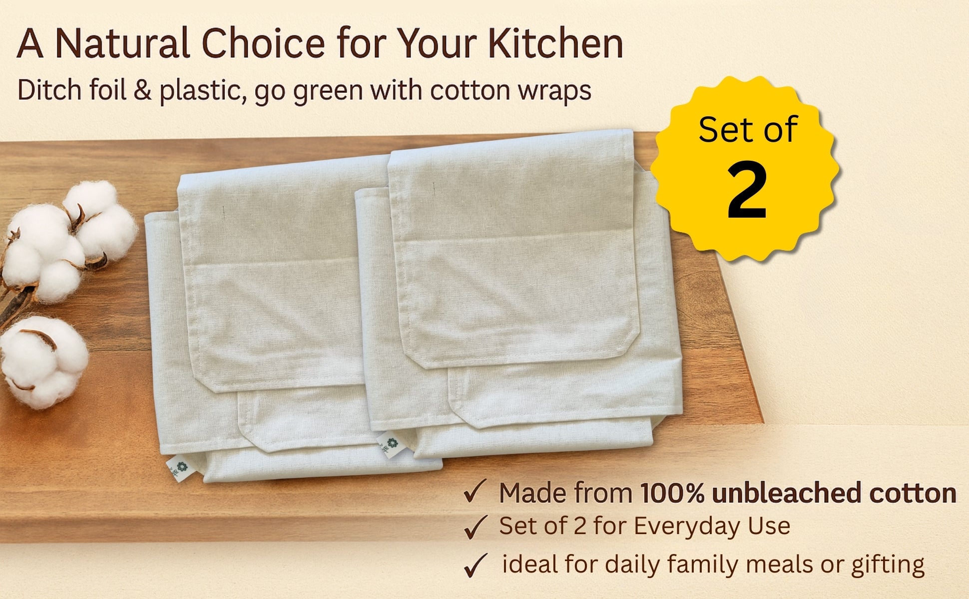 Unbleached Cotton Roti Wrap – Set of 2 | Eco-Friendly Reusable Roti Wrap for Warm & Fresh Rotis
