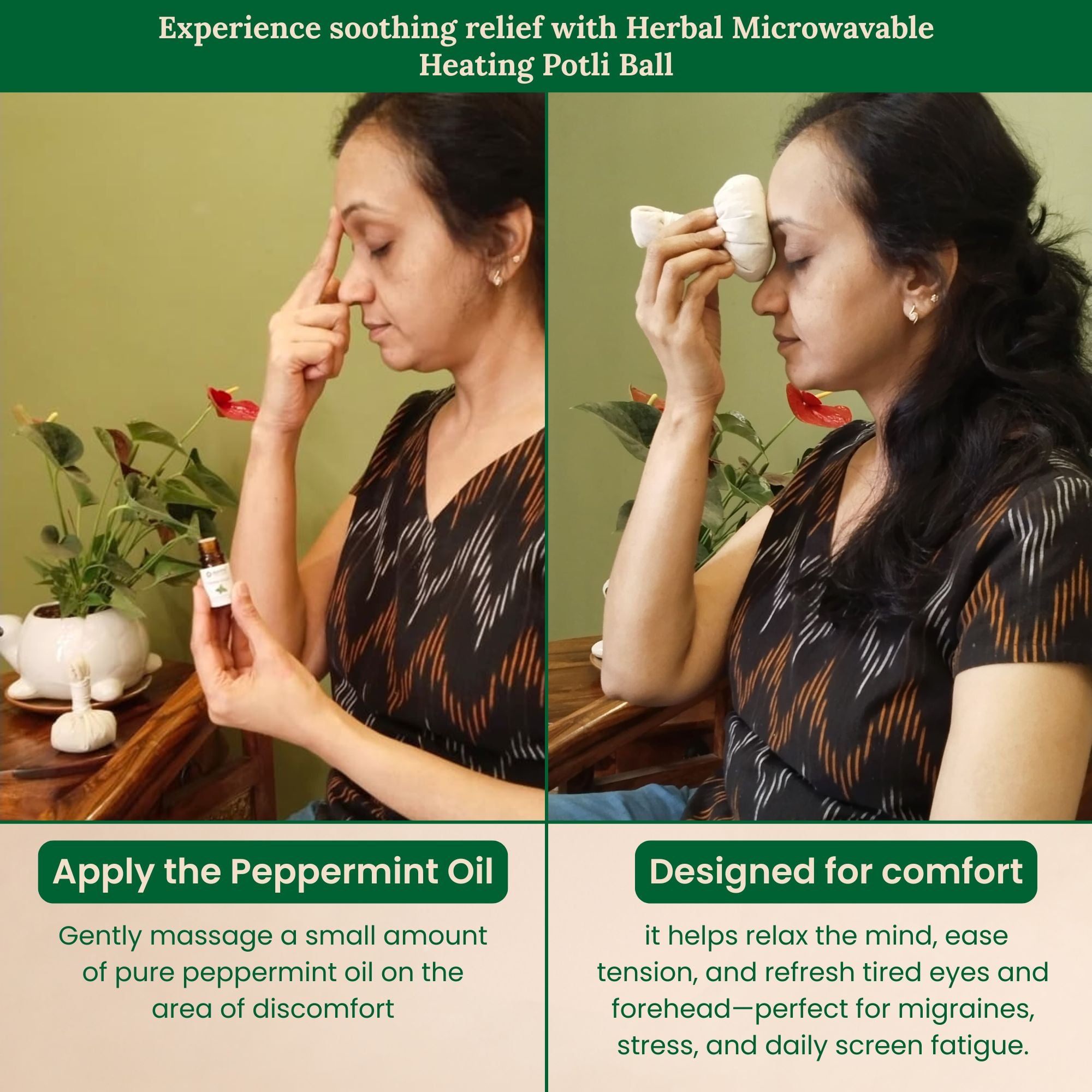 Aksobha Herbal Microwavable Heating Potli Ball with 5ml Pure Peppermint Essential Oil | Natural Pain Relief | Sinus, Congestion, Headache, Ear Pain, Eye Stress Relief | Reusable Hot Compress