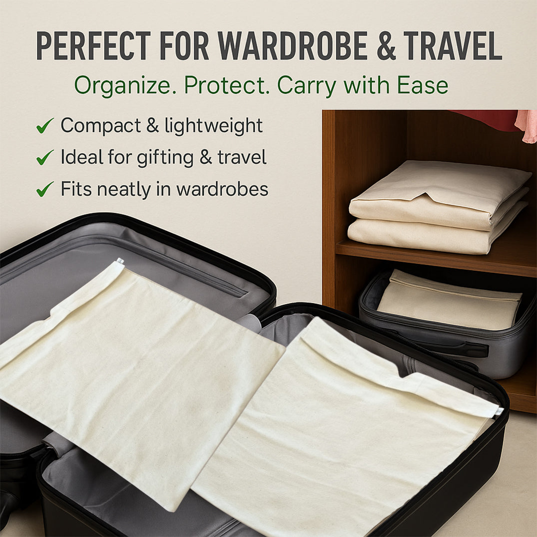 Saree Bag Cover Set of 3 – Dustproof, Unbleached Fabric with Blouse Compartment