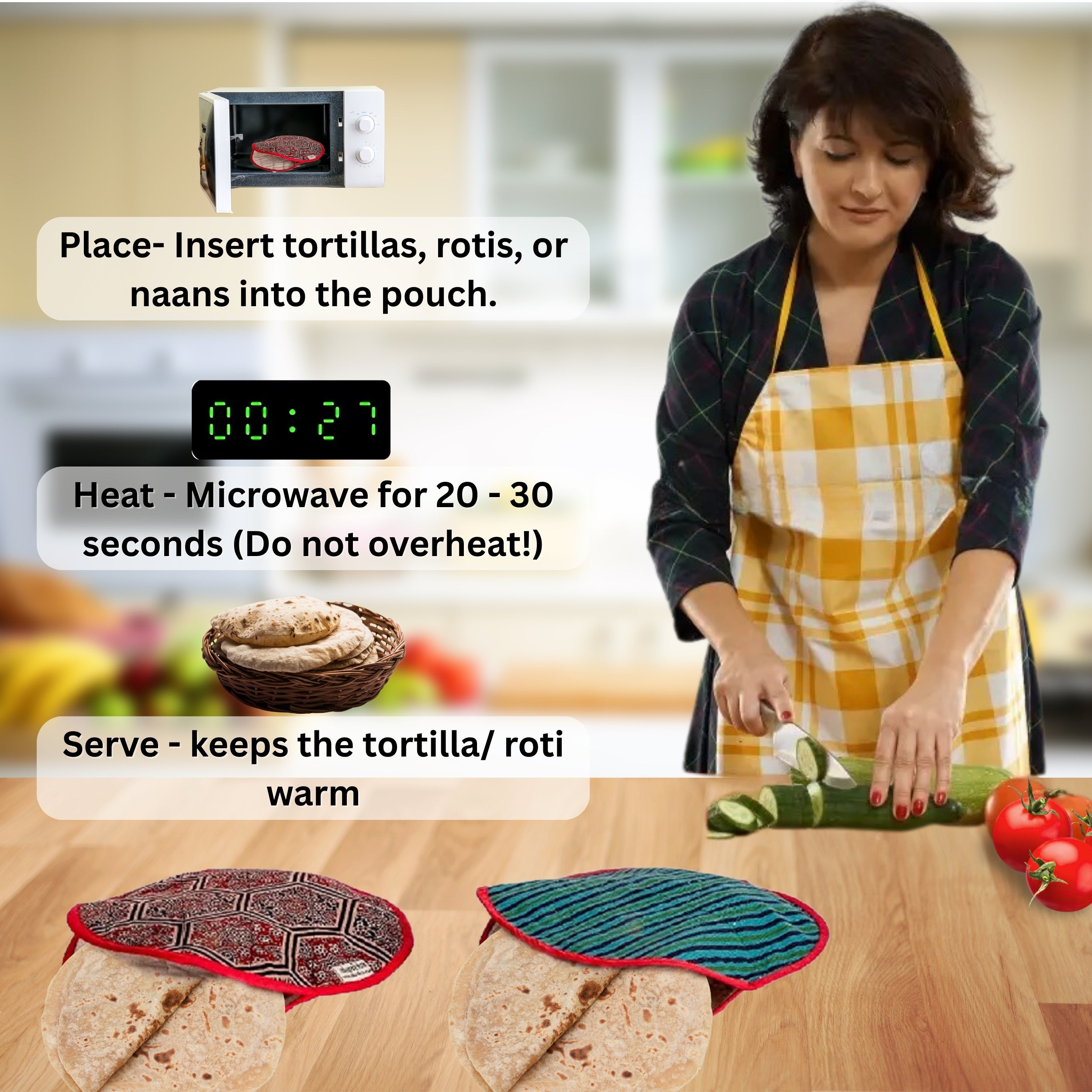 Microwaveable Roti & Tortilla Warmer – Cotton, Reusable, Eco-Friendly Pouch, Set of 2