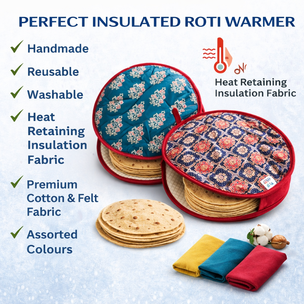 Microwaveable Roti & Tortilla Warmer – Cotton, Reusable, Eco-Friendly Pouch, Set of 2