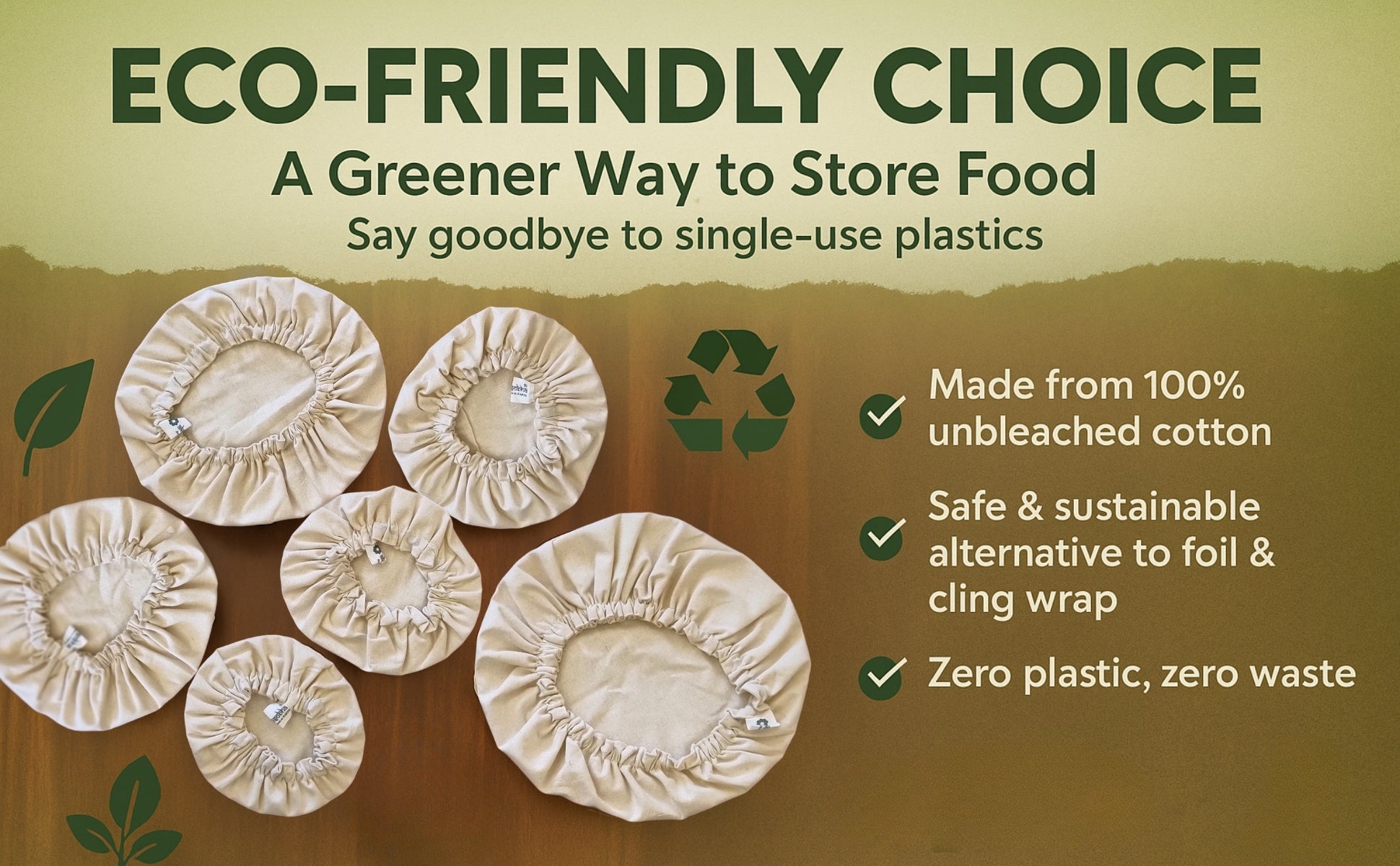 Unbleached Cotton Bowl Covers – Reusable Fabric Lids for Plastic-Free, Eco-Friendly Food Storage, Set of 6