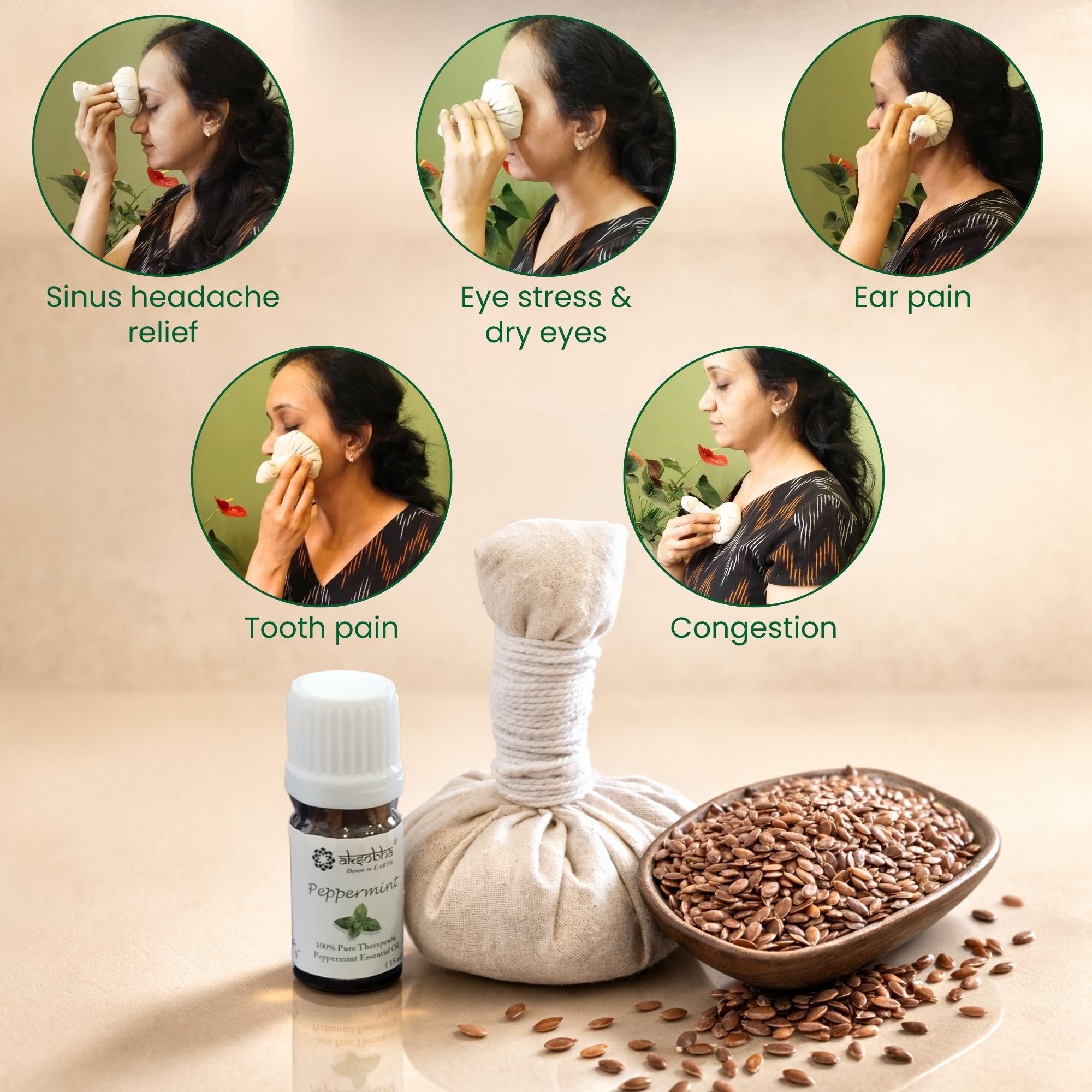Aksobha Herbal Microwavable Heating Potli Ball with 5ml Pure Peppermint Essential Oil | Natural Pain Relief | Sinus, Congestion, Headache, Ear Pain, Eye Stress Relief | Reusable Hot Compress