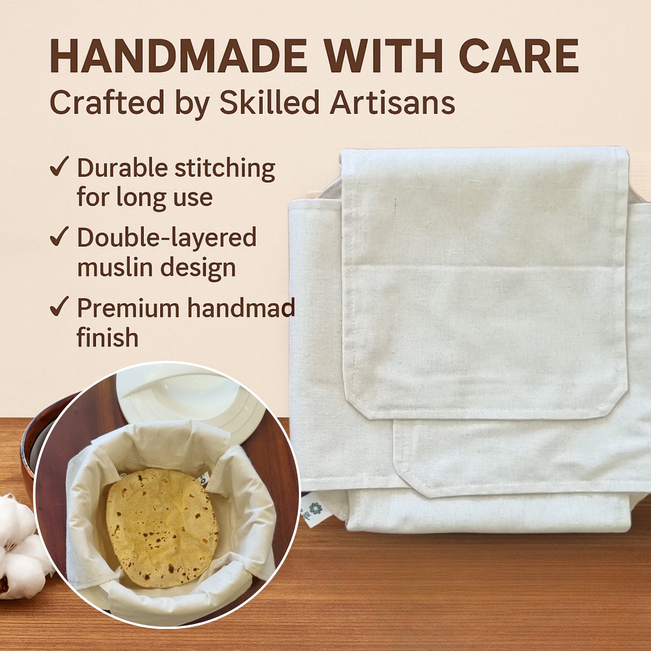 Unbleached Cotton Roti Wrap – Set of 2 | Eco-Friendly Reusable Roti Wrap for Warm & Fresh Rotis