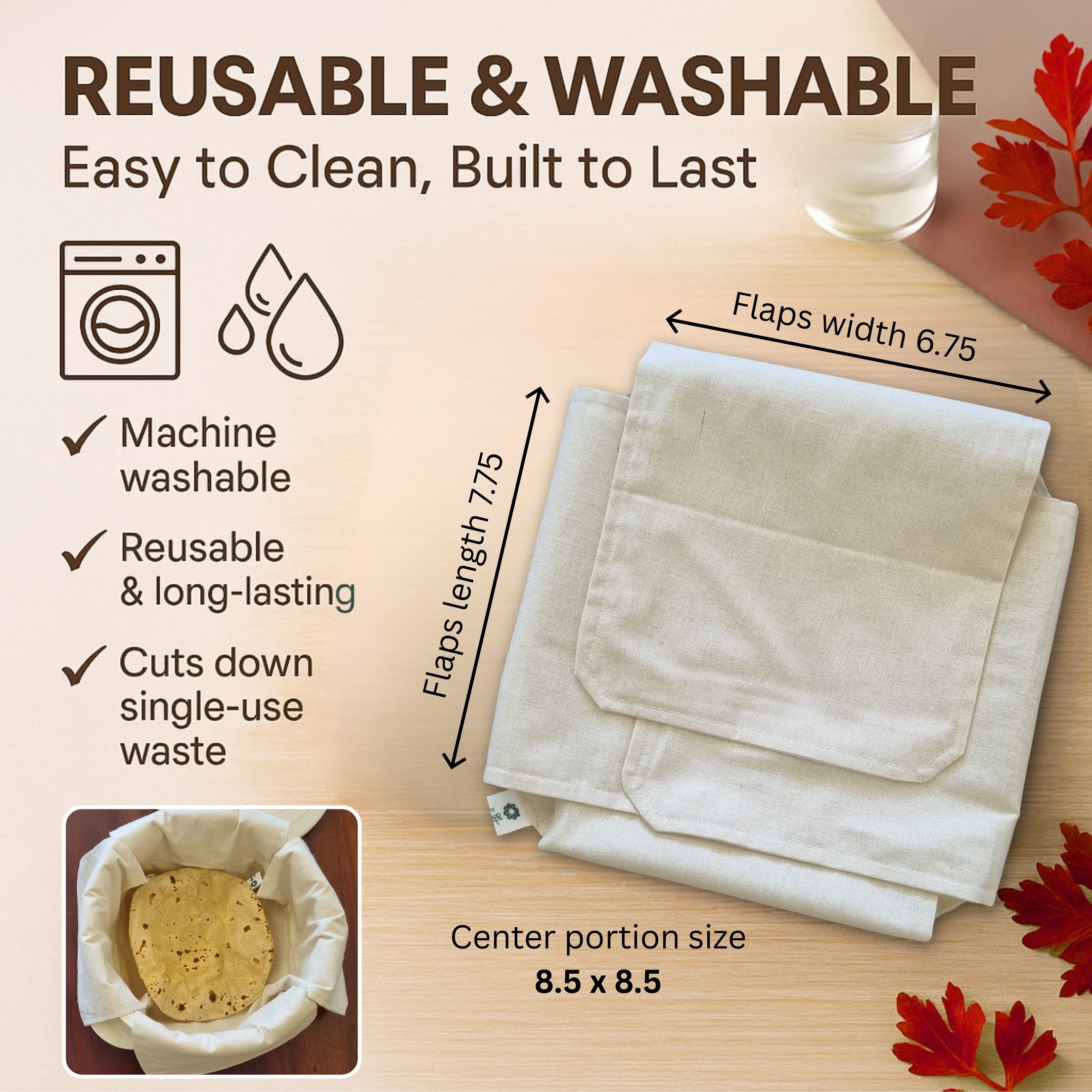 Unbleached Cotton Roti Wrap – Set of 2 | Eco-Friendly Reusable Roti Wrap for Warm & Fresh Rotis