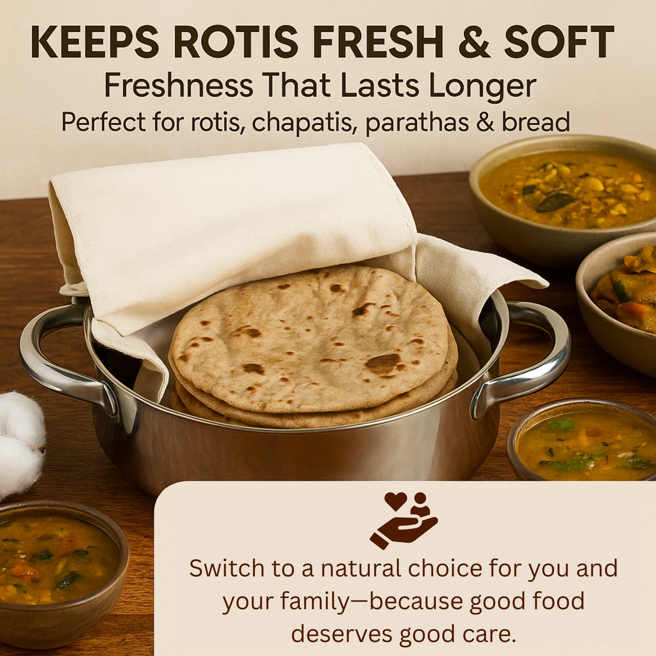 Unbleached Cotton Roti Wrap – Set of 2 | Eco-Friendly Reusable Roti Wrap for Warm & Fresh Rotis