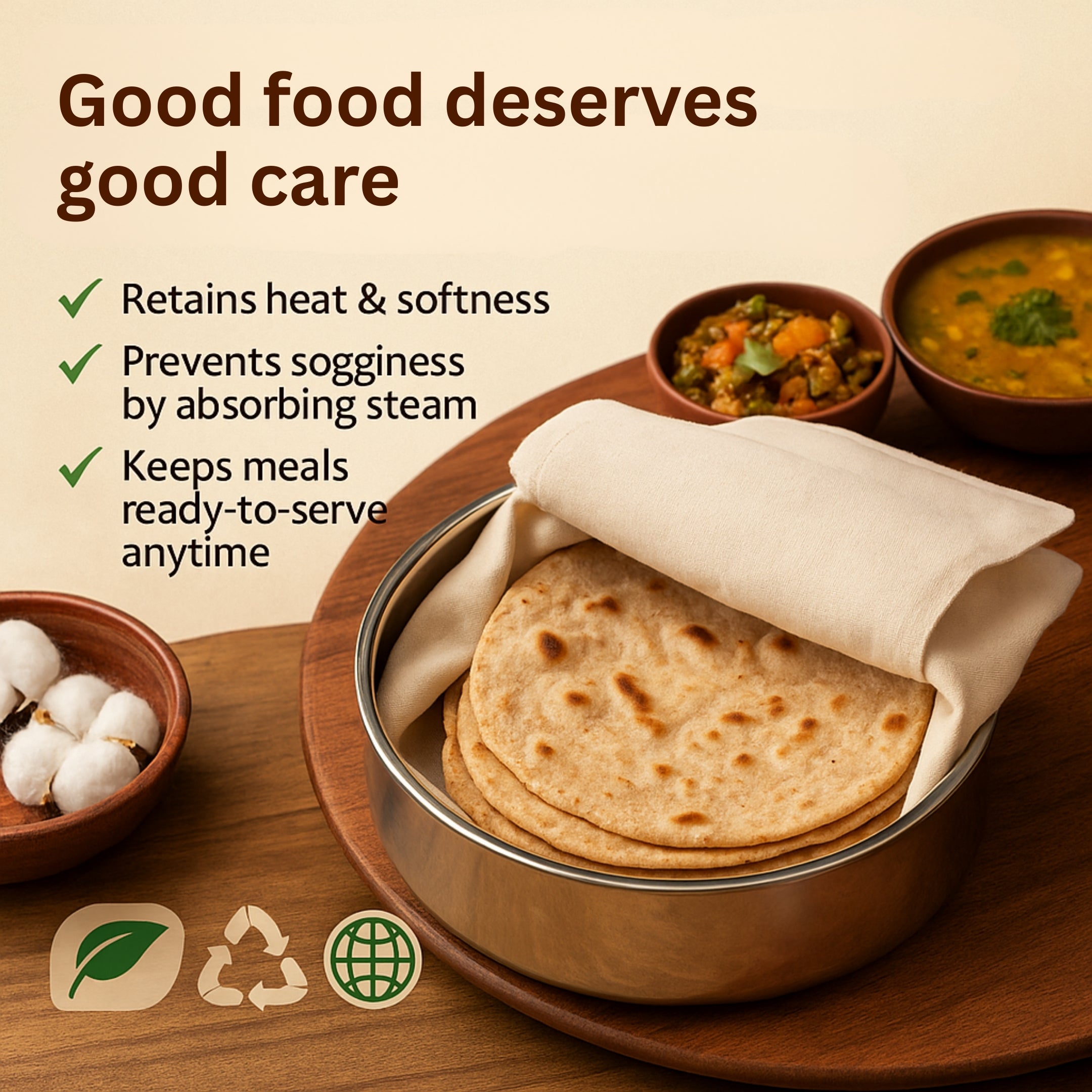 Unbleached Cotton Roti Wrap – Set of 2 | Eco-Friendly Reusable Roti Wrap for Warm & Fresh Rotis