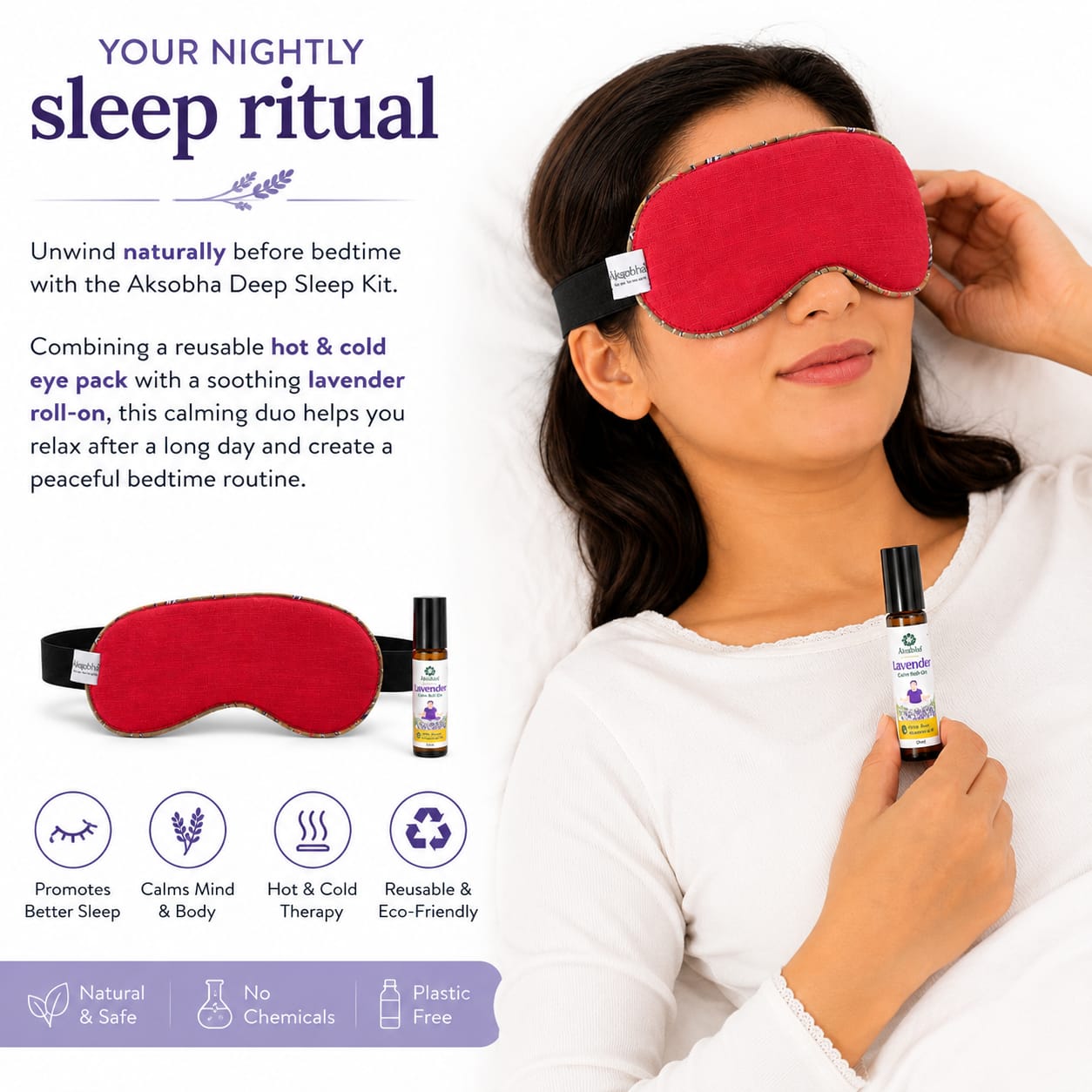 Aksobha Deep Sleep Kit | Natural Night-Time Relaxation & Better Sleep | Eye Pack + Lavender Roll-On | Hot & Cold Therapy