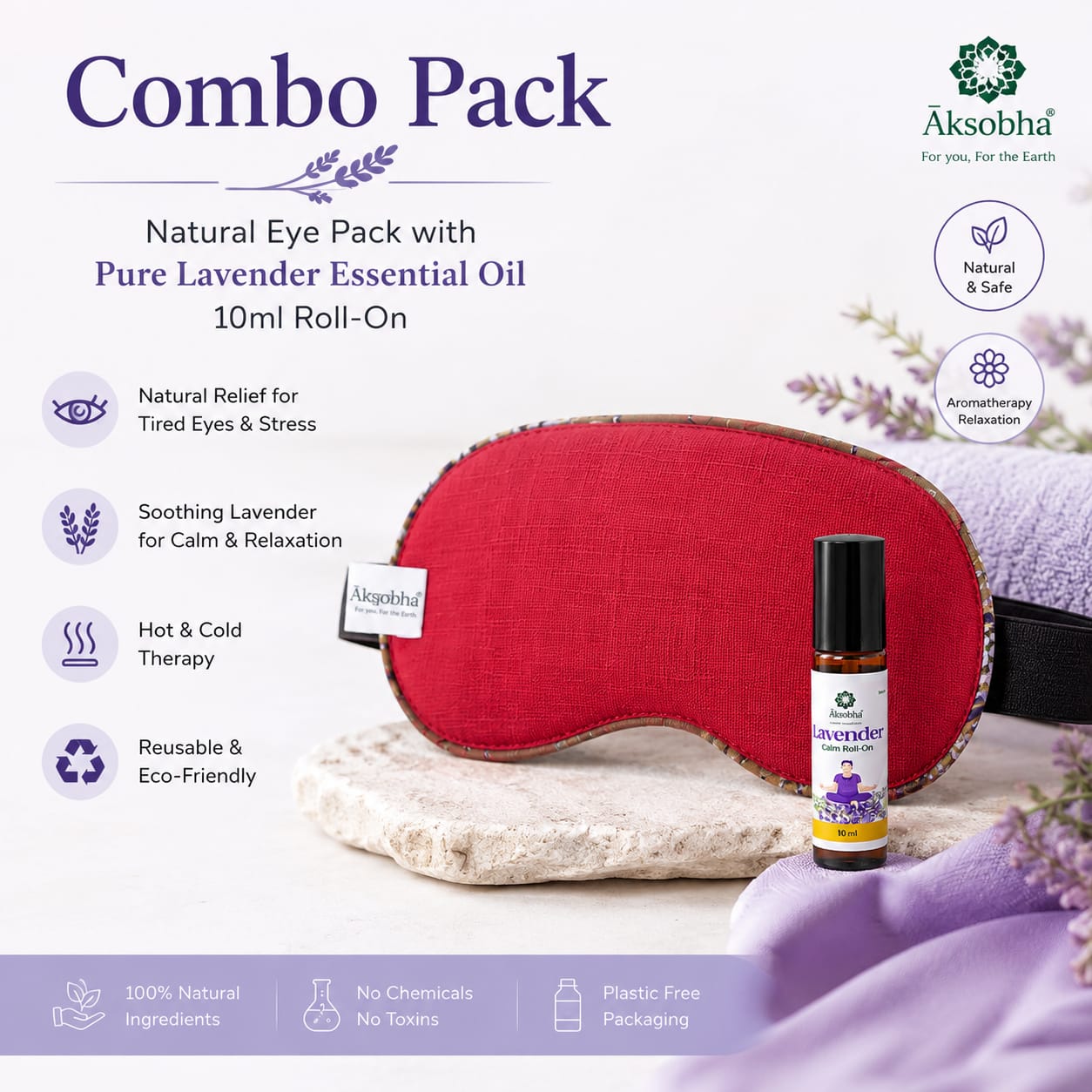 Aksobha Deep Sleep Kit | Natural Night-Time Relaxation & Better Sleep | Eye Pack + Lavender Roll-On | Hot & Cold Therapy