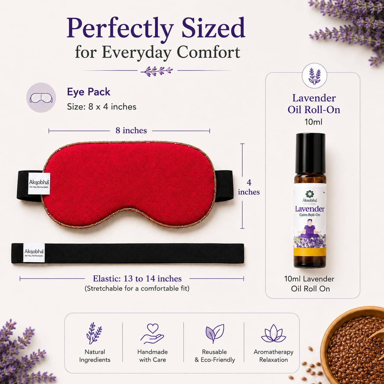 Aksobha Deep Sleep Kit | Natural Night-Time Relaxation & Better Sleep | Eye Pack + Lavender Roll-On | Hot & Cold Therapy