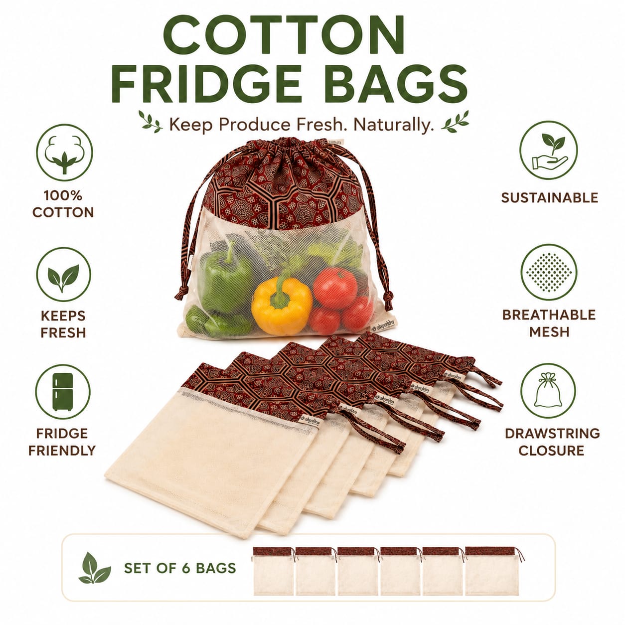 100% Cotton Veg/Fruit Fridge Bags