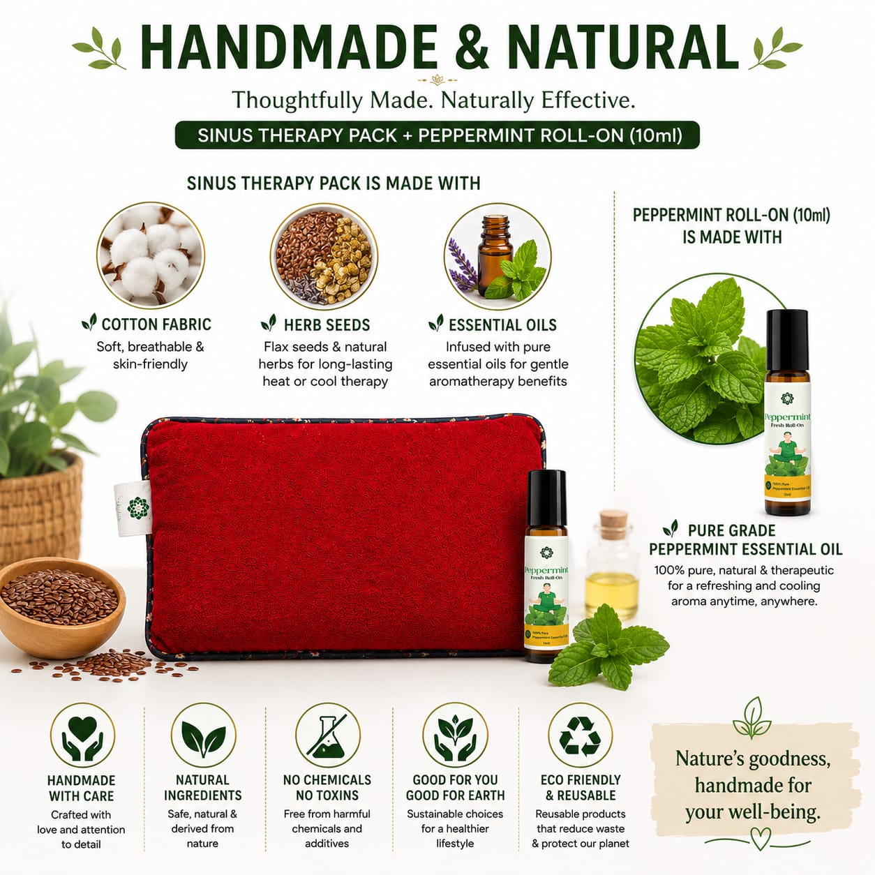 Aksobha Sinus Heating Pad – Hot & Cold Therapy for Sinus, Migraine & Cold Relief | Handmade with Seeds & 15ml Peppermint Oil | Eco-Friendly & Reusable