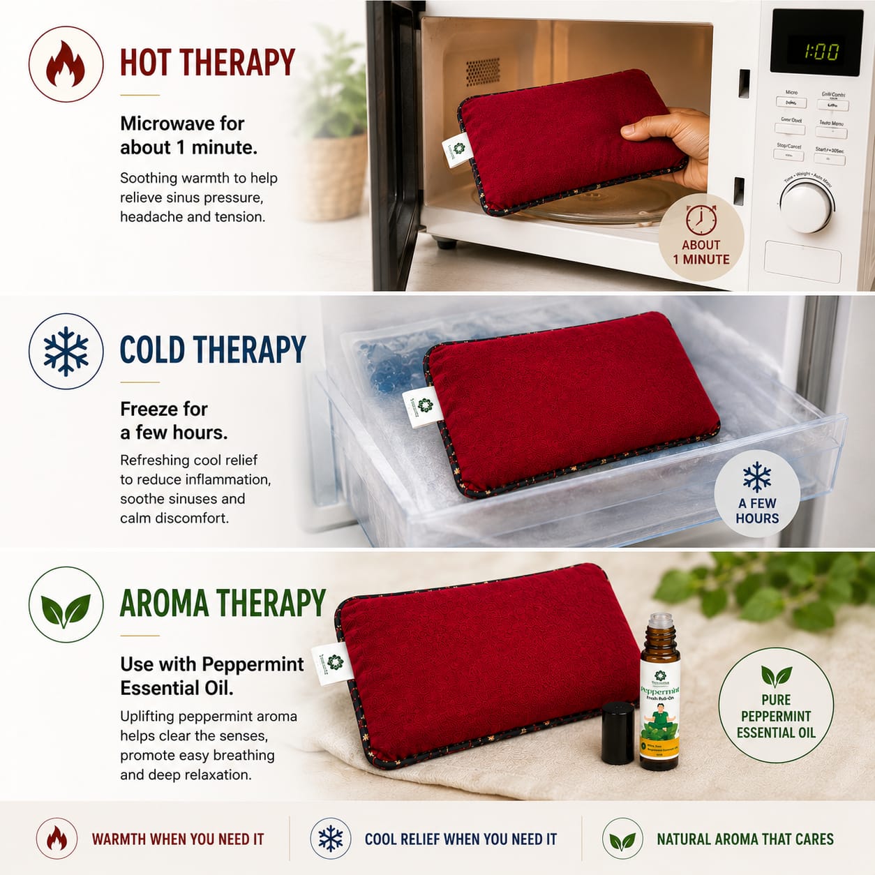 Aksobha Sinus Heating Pad – Hot & Cold Therapy for Sinus, Migraine & Cold Relief | Handmade with Seeds & 15ml Peppermint Oil | Eco-Friendly & Reusable