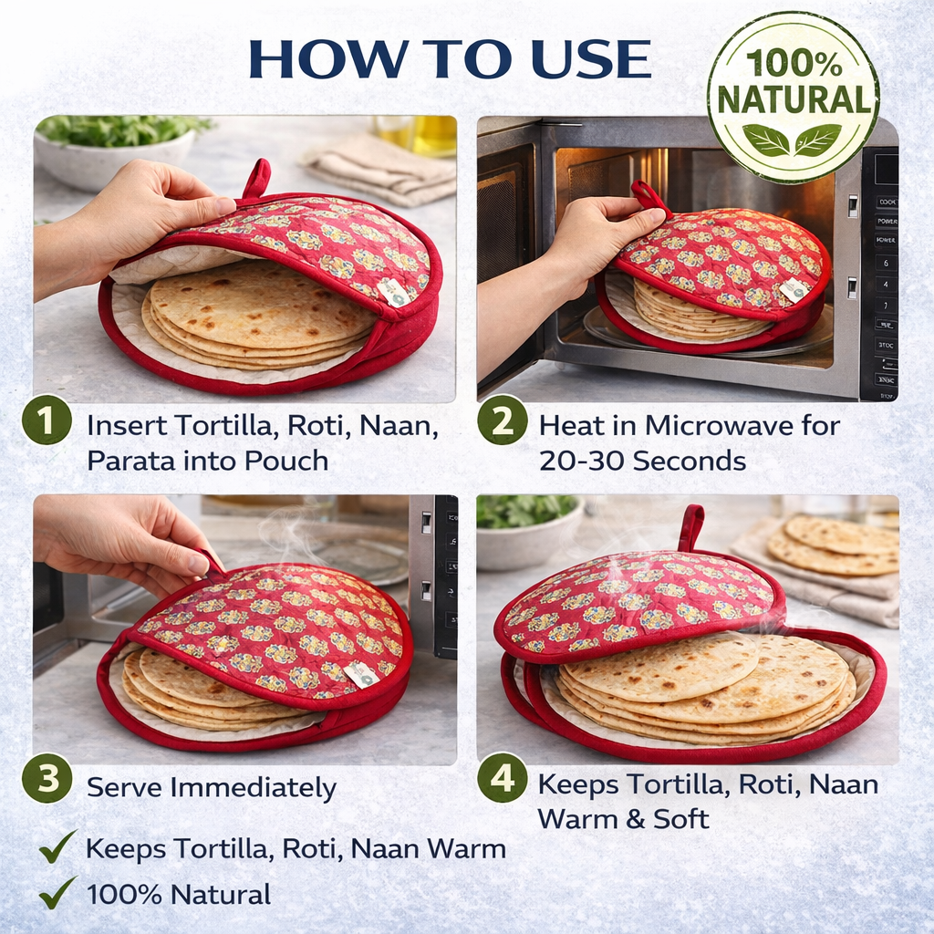 Microwaveable Roti & Tortilla Warmer – Cotton, Reusable, Eco-Friendly Pouch, Set of 2
