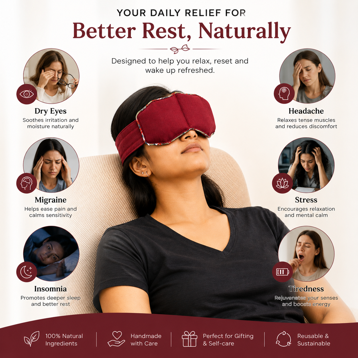 Eye Stress & Pain Relief Herbal Microwavable Heating Pad with Adjustable Strap