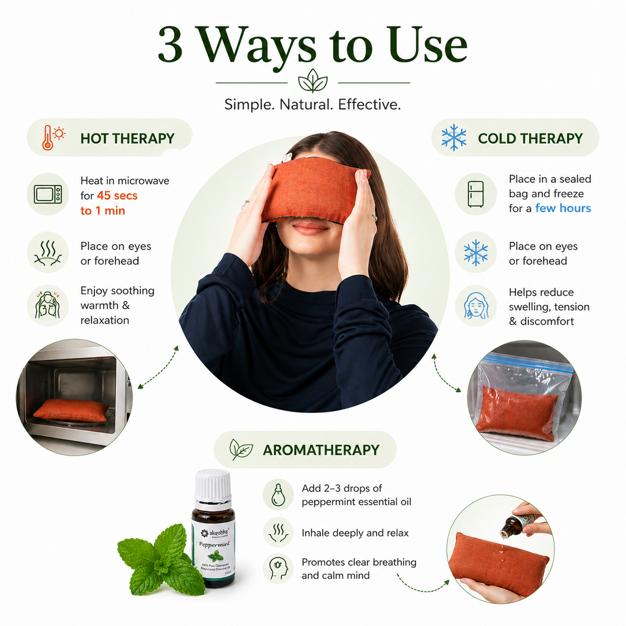 Aksobha Sinus Heating Pad – Hot & Cold Therapy for Sinus, Migraine & Cold Relief | Handmade with Seeds & 15ml Peppermint Oil | Eco-Friendly & Reusable