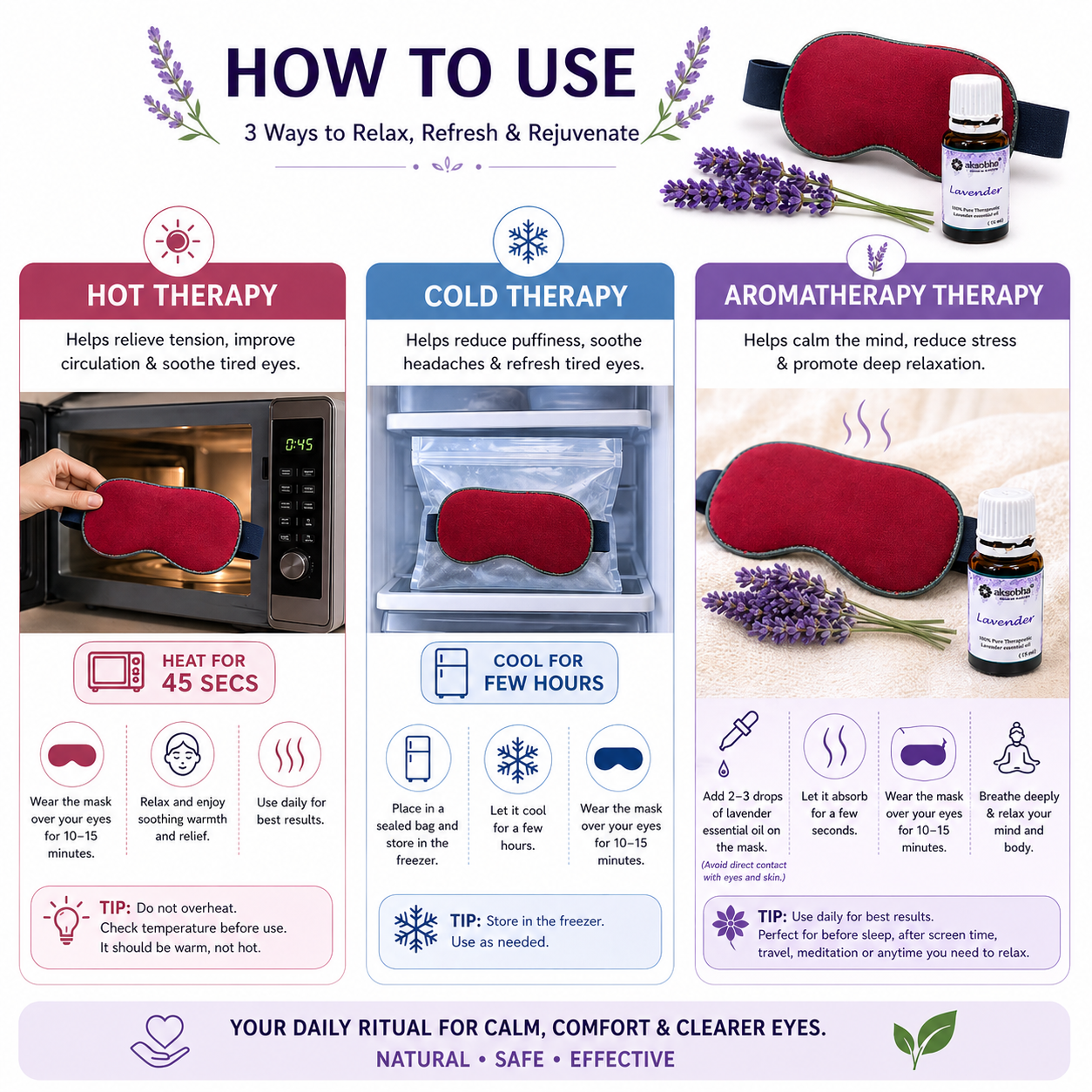 Aksobha Eye Mask for Puffy Eyes, Headaches & Sleep | Hot & Cold Microwaveable Therapy Pack with Lavender Oil 15 ml| Eco-Friendly & Reusable