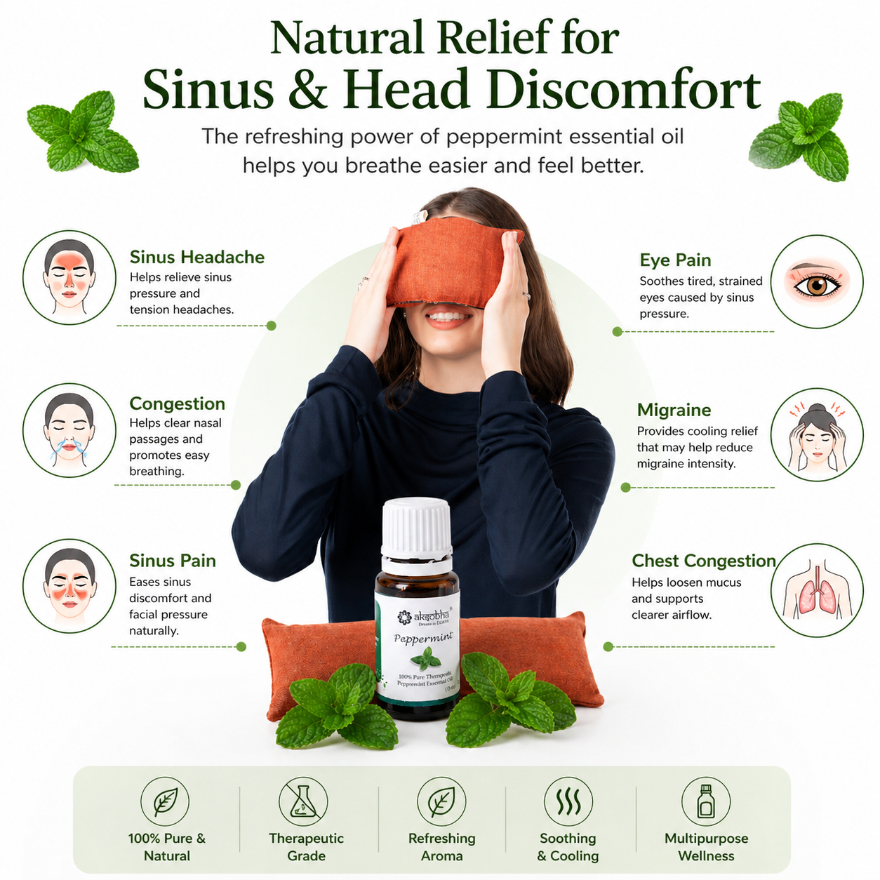 Aksobha Sinus Heating Pad – Hot & Cold Therapy for Sinus, Migraine & Cold Relief | Handmade with Seeds & 15ml Peppermint Oil | Eco-Friendly & Reusable