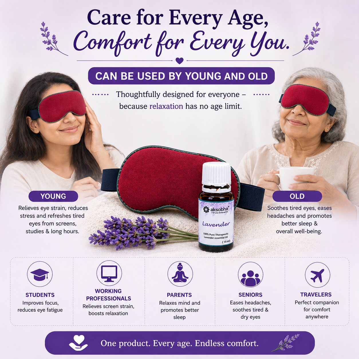 Aksobha Eye Mask for Puffy Eyes, Headaches & Sleep | Hot & Cold Microwaveable Therapy Pack with Lavender Oil 15 ml| Eco-Friendly & Reusable